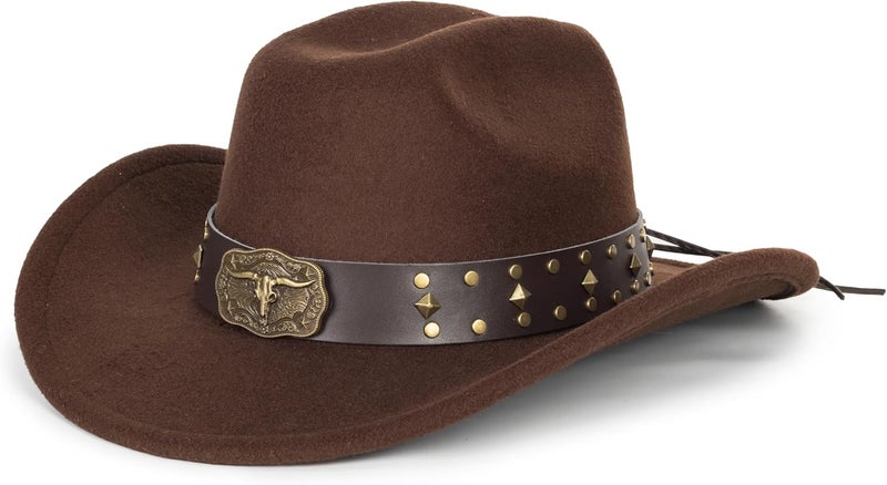 FGSS Classic-Western-Cowboy-Hat Upturn-Brim Felt-Cowgirl-Hat Rodeo-Hats with Belt for Women Men (Fit for 22.4-23.2") - Image 5